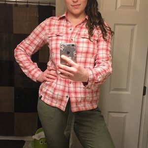 L.L. Bean Pink plaid lined button down long sleeve with pockets Small Reg